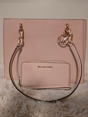 Michael Kors Blush Pink Saffiano Tote with Matching Wristlet and Gold Hardware